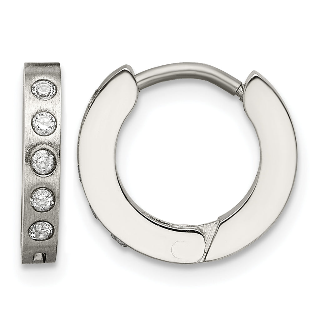 Stainless Steel Polished & Brushed Hinged Cubic Zirconia Huggie Hoop Earrings