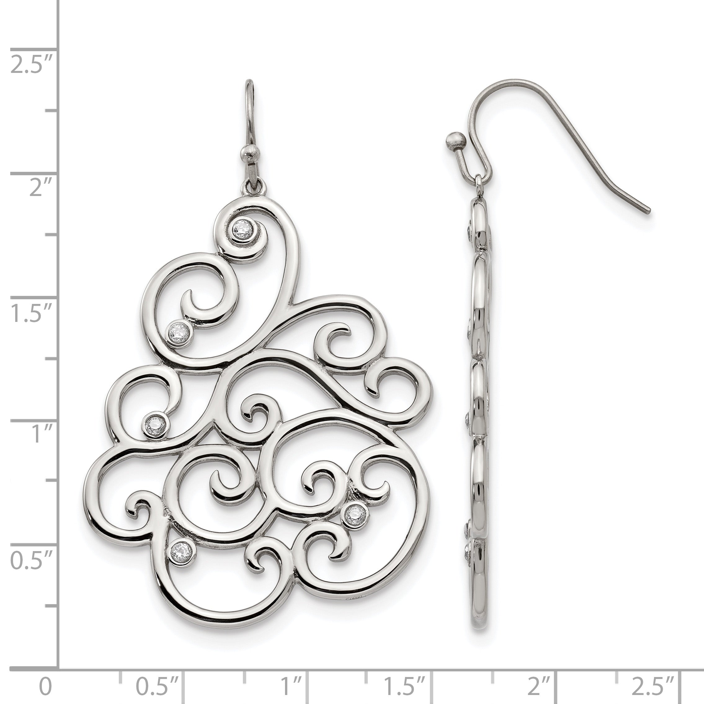 Stainless Steel Polished Filigree Cubic Zirconia Drop Dangle Earrings for Women