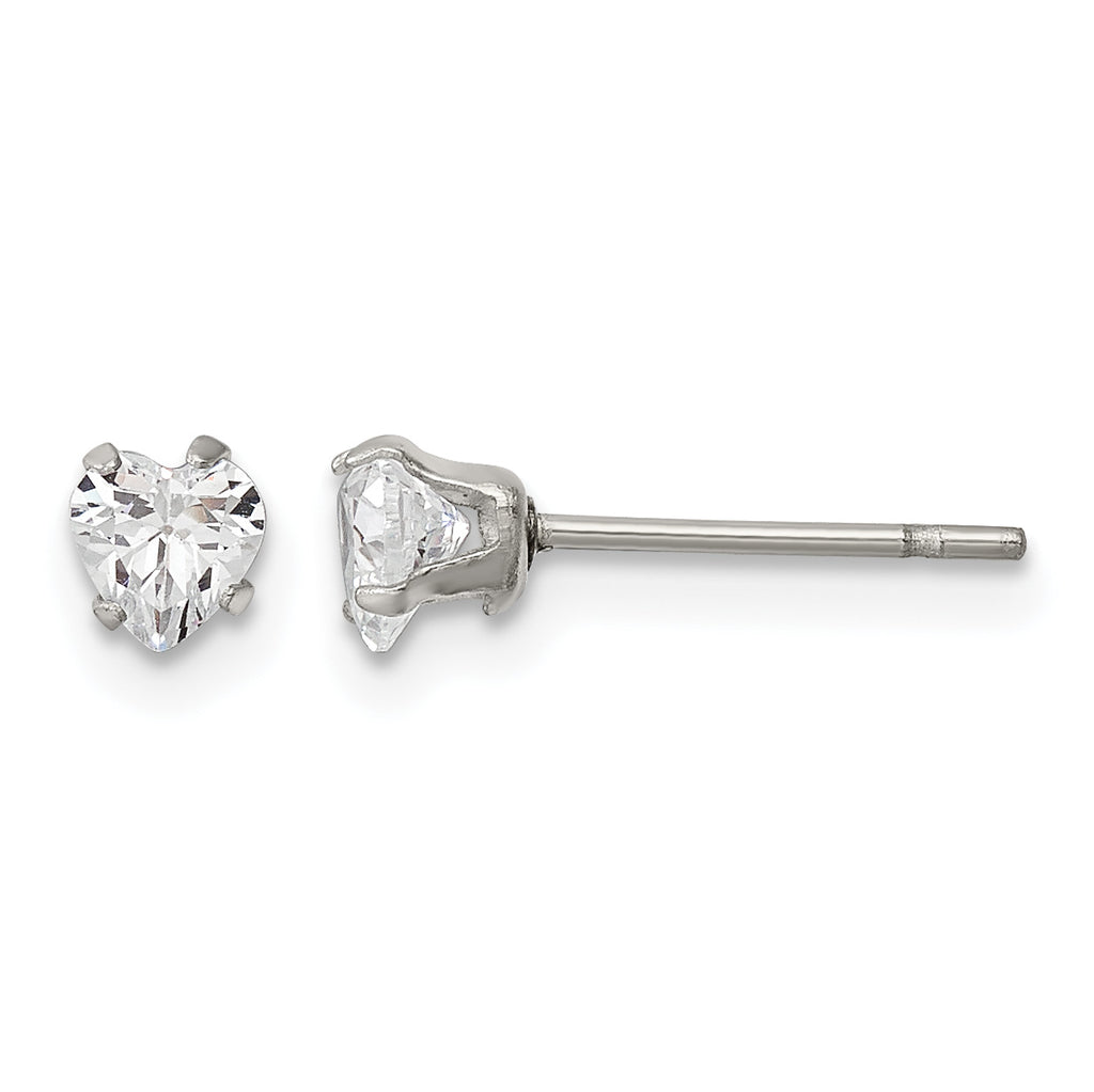Stainless Steel Polished Heart Cubic Zirconia Stud Earrings