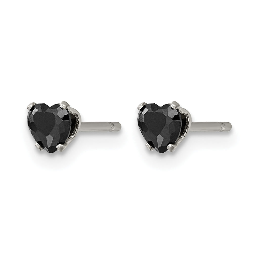 Stainless Steel Polished Heart Black Cubic Zirconia Stud Earrings