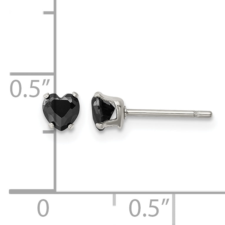 Stainless Steel Polished Heart Black Cubic Zirconia Stud Earrings