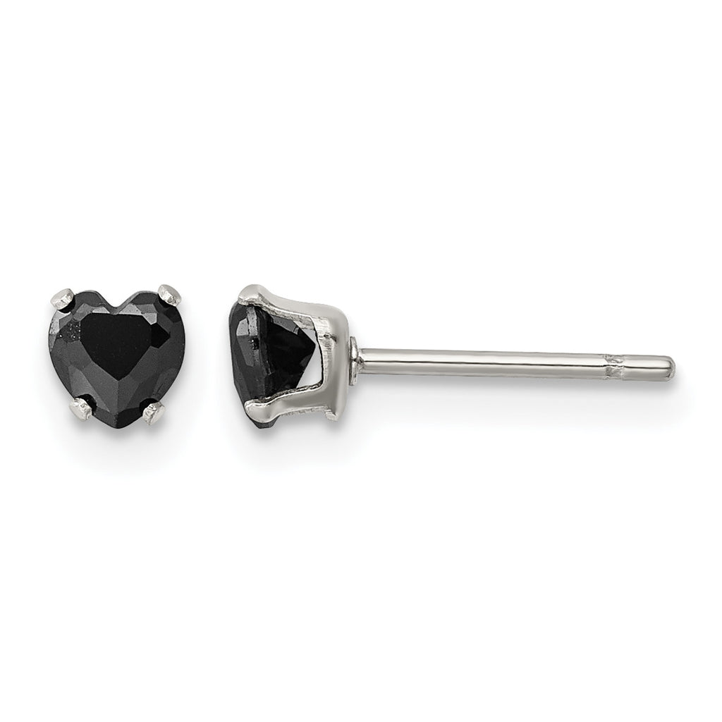 Stainless Steel Polished Heart Black Cubic Zirconia Stud Earrings