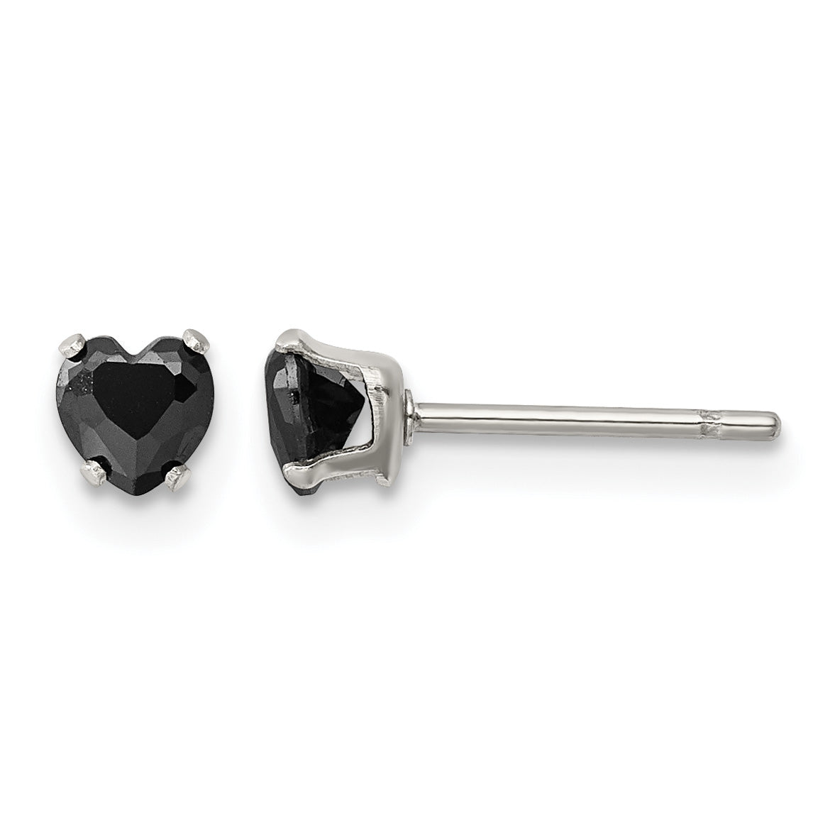 Stainless Steel Polished Heart Black Cubic Zirconia Stud Earrings