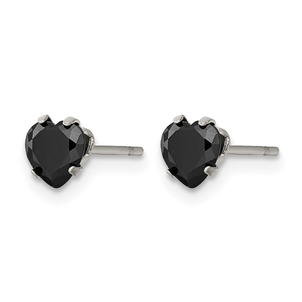 Stainless Steel Polished Heart Black Cubic Zirconia Stud Earrings
