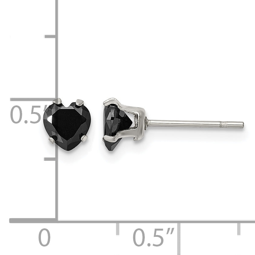 Stainless Steel Polished Heart Black Cubic Zirconia Stud Earrings