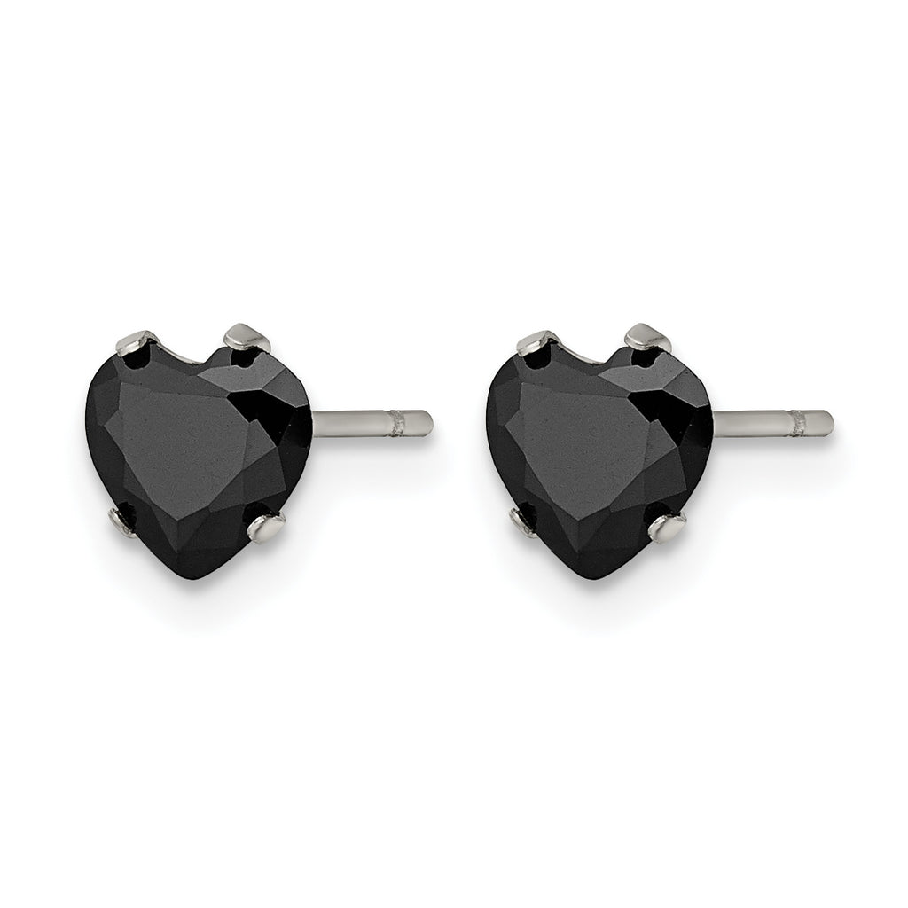 Stainless Steel Polished Heart Black Cubic Zirconia Stud Earrings