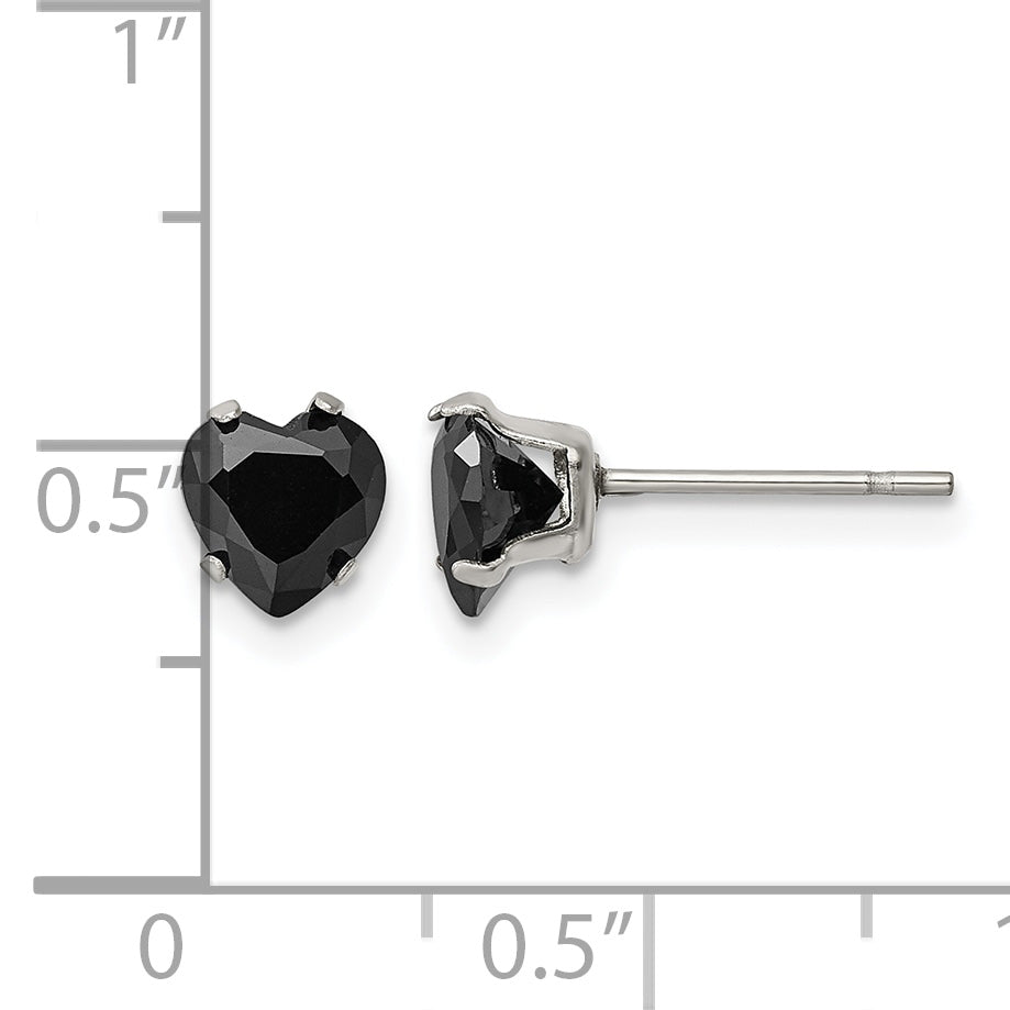 Stainless Steel Polished Heart Black Cubic Zirconia Stud Earrings