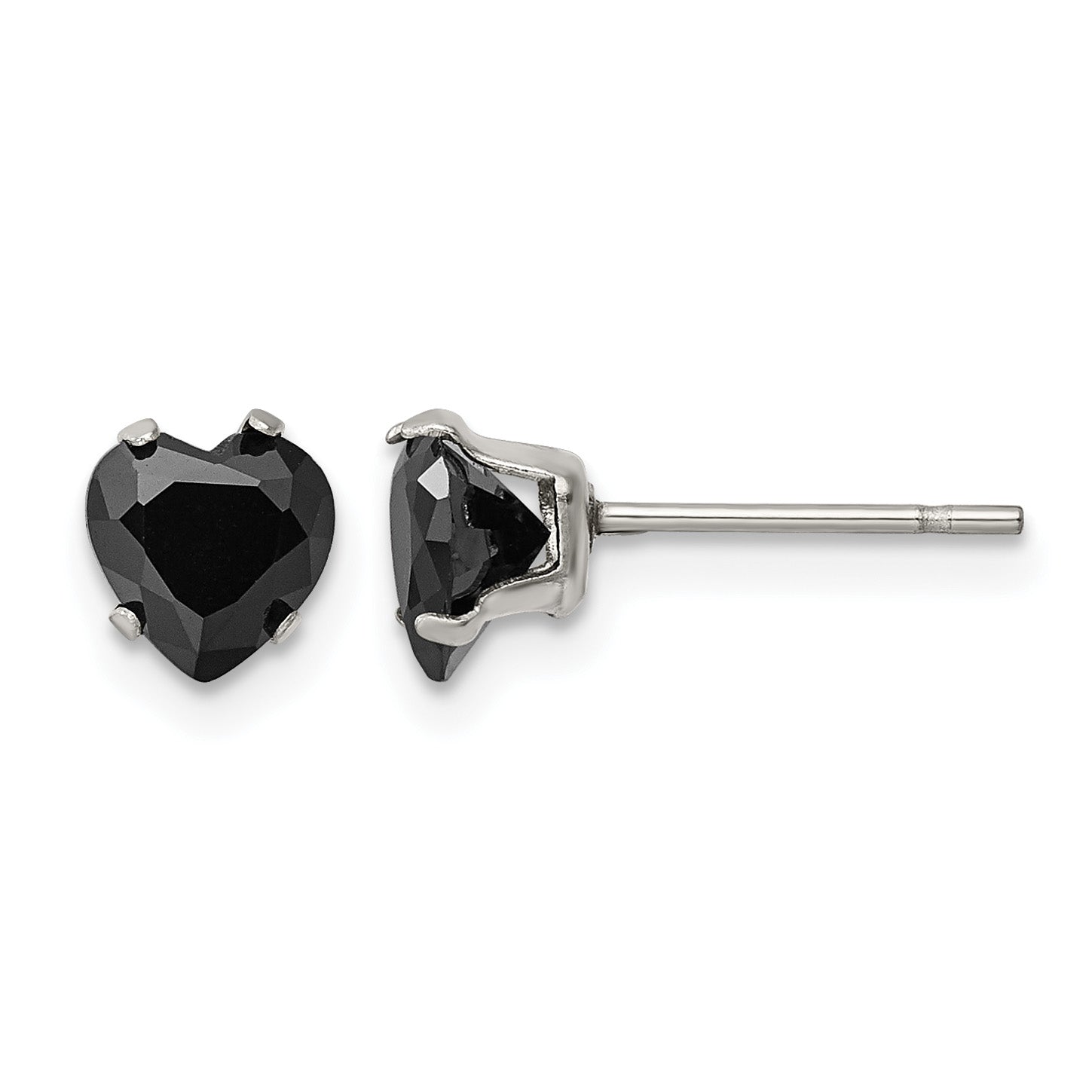 Stainless Steel Polished Heart Black Cubic Zirconia Stud Earrings