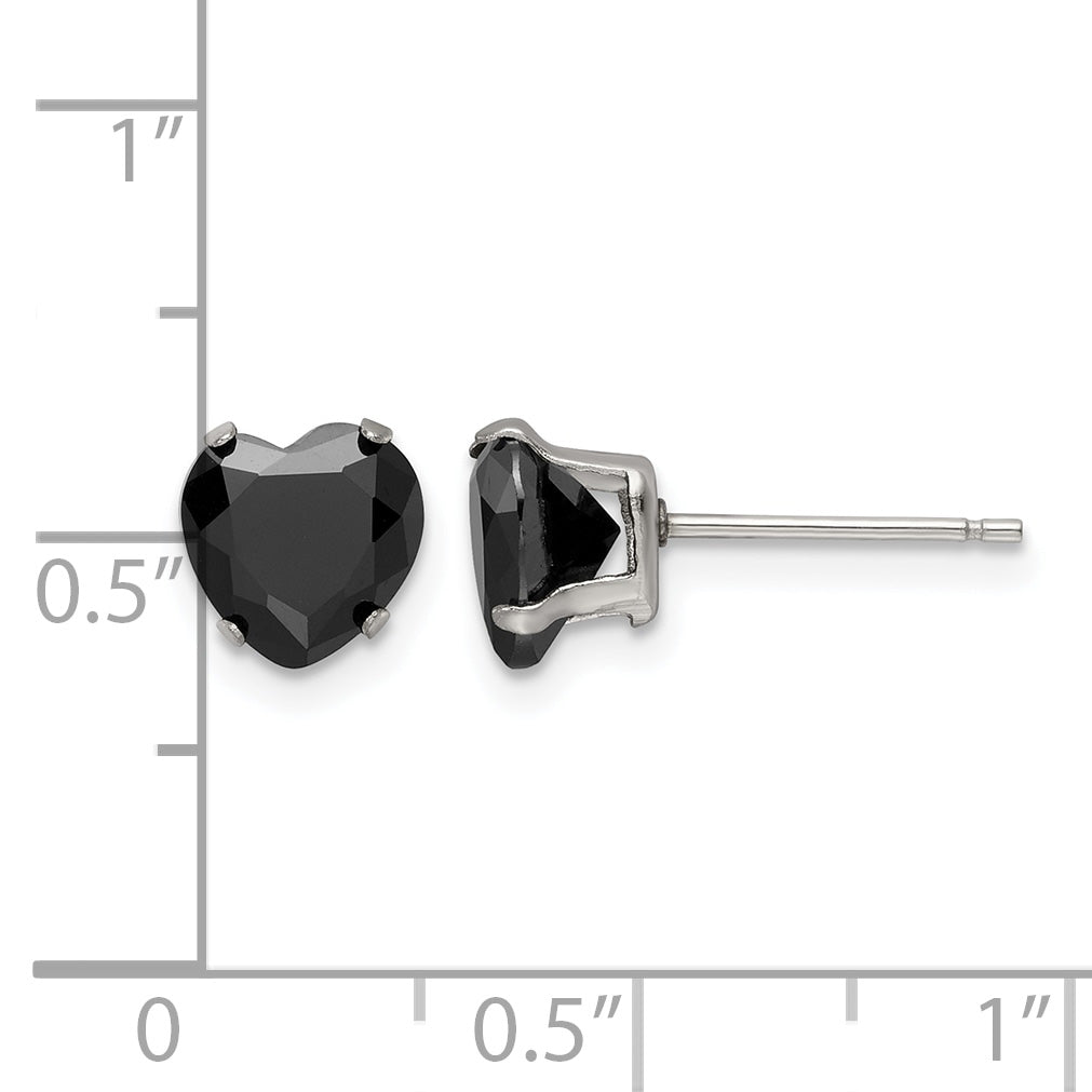 Stainless Steel Polished Heart Black Cubic Zirconia Stud Earrings
