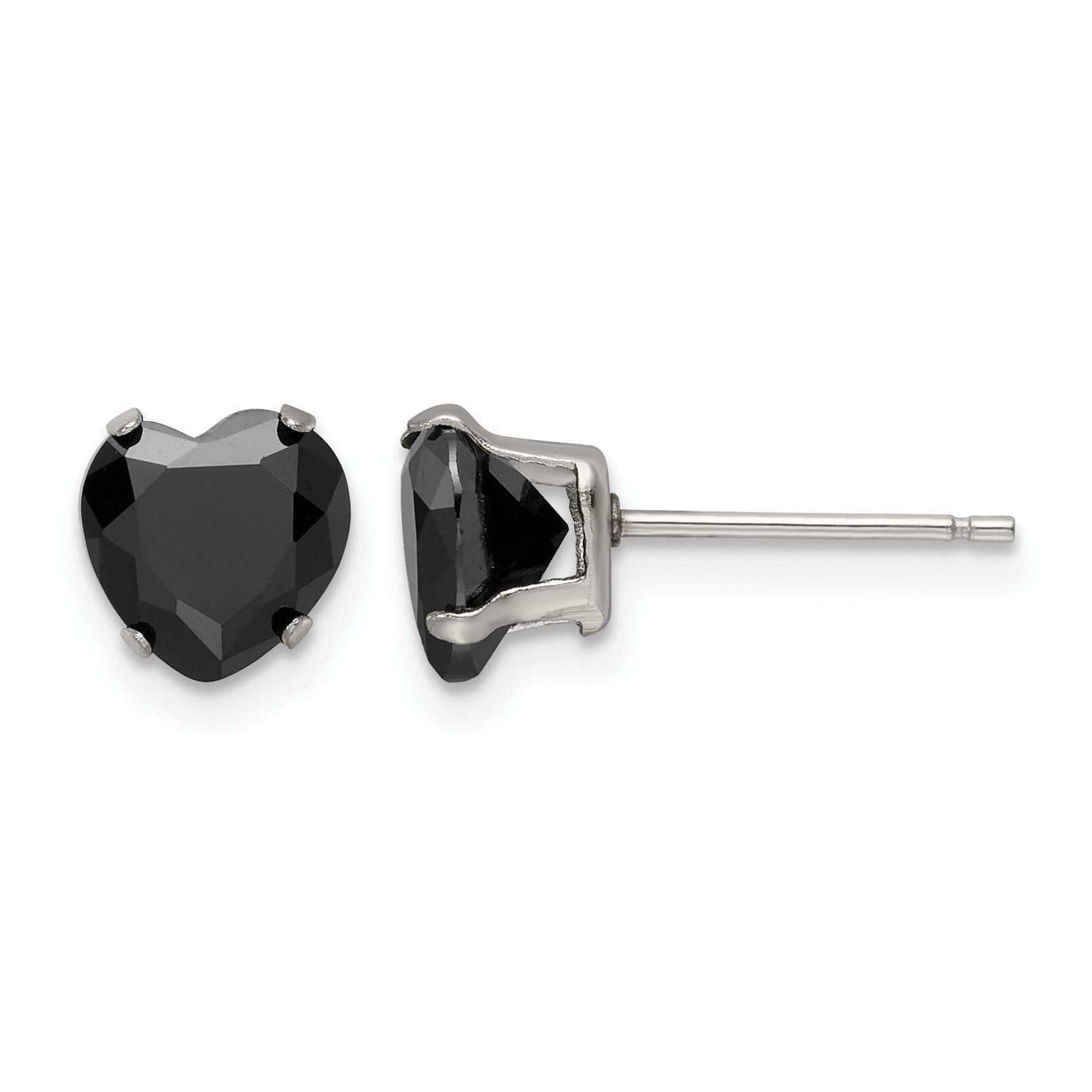 Stainless Steel Polished Heart Black Cubic Zirconia Stud Earrings