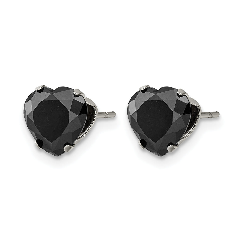 Stainless Steel Polished Heart Black Cubic Zirconia Stud Earrings
