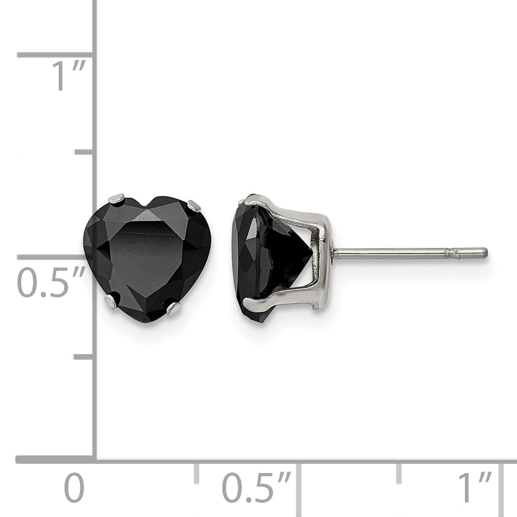 Stainless Steel Polished Heart Black Cubic Zirconia Stud Earrings