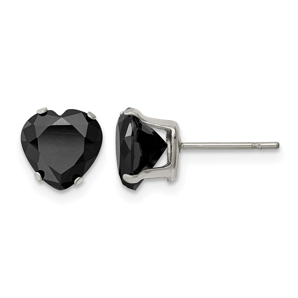 Stainless Steel Polished Heart Black Cubic Zirconia Stud Earrings