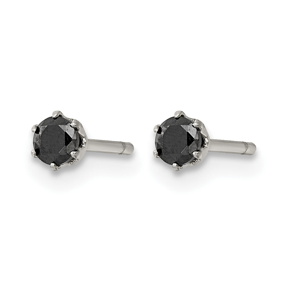 Stainless Steel Polished Round Black Cubic Zirconia Stud Earrings