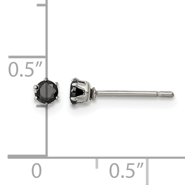 Stainless Steel Polished Round Black Cubic Zirconia Stud Earrings