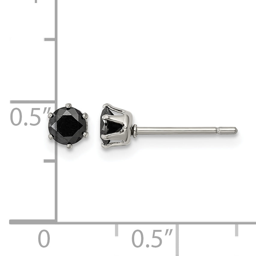 Stainless Steel Polished Round Black Cubic Zirconia Stud Earrings