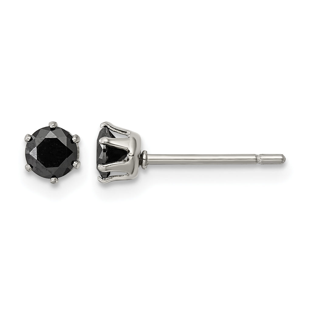 Stainless Steel Polished Round Black Cubic Zirconia Stud Earrings