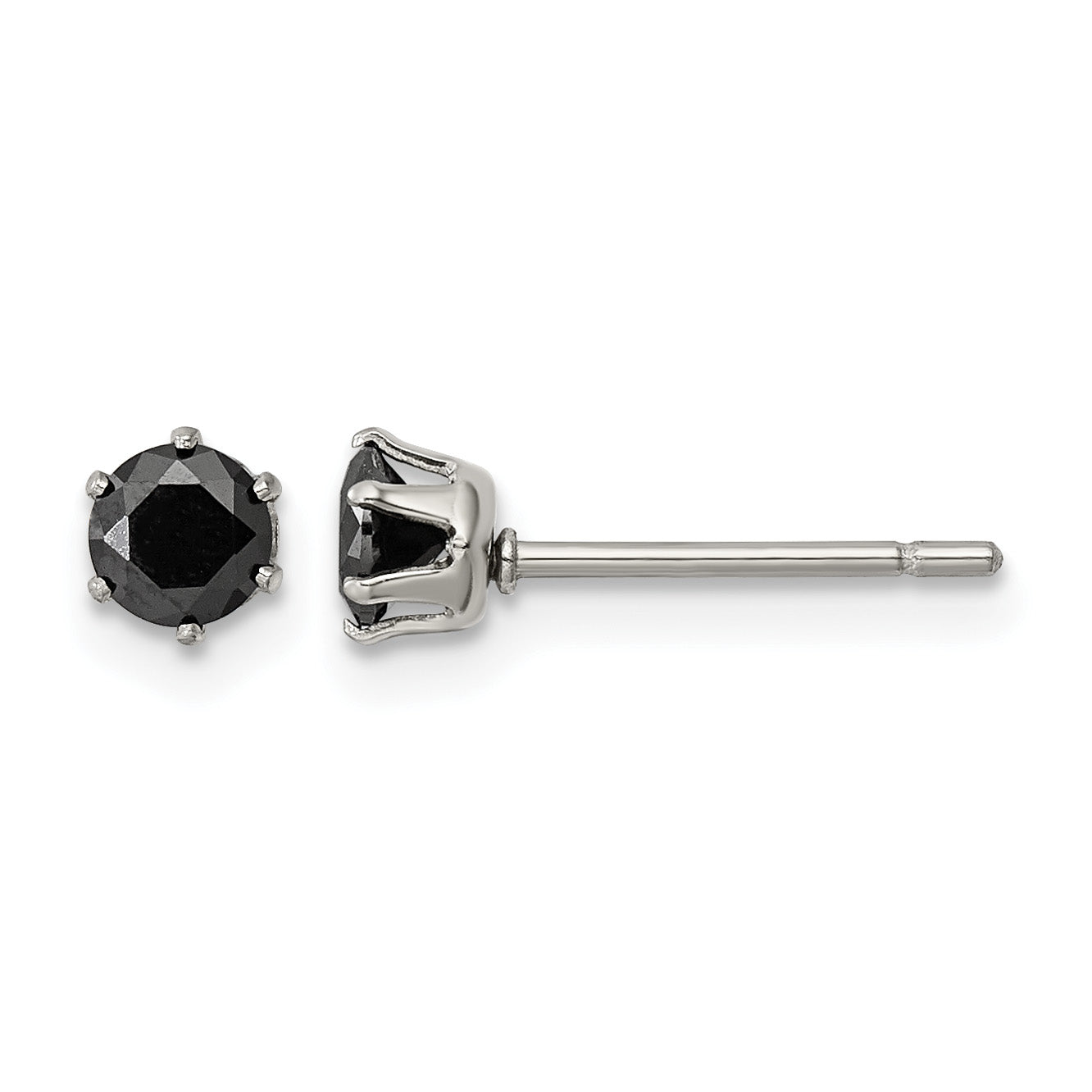 Stainless Steel Polished Round Black Cubic Zirconia Stud Earrings