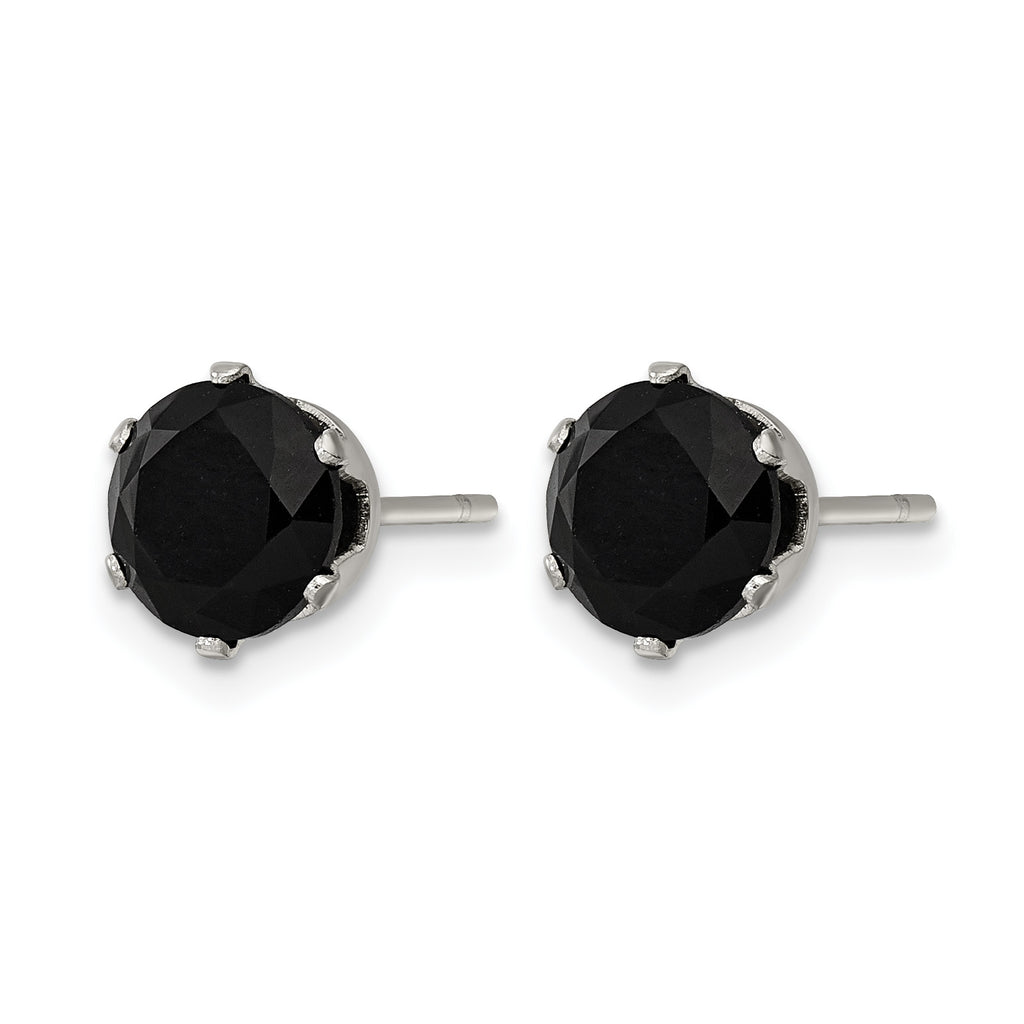 Stainless Steel Polished Round Black Cubic Zirconia Stud Earrings