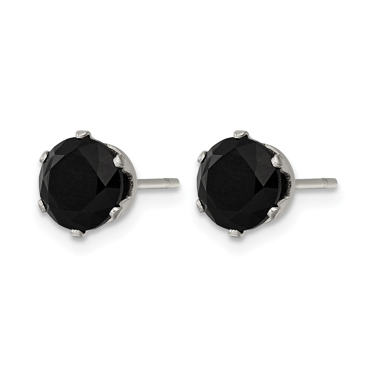 Stainless Steel Polished Round Black Cubic Zirconia Stud Earrings