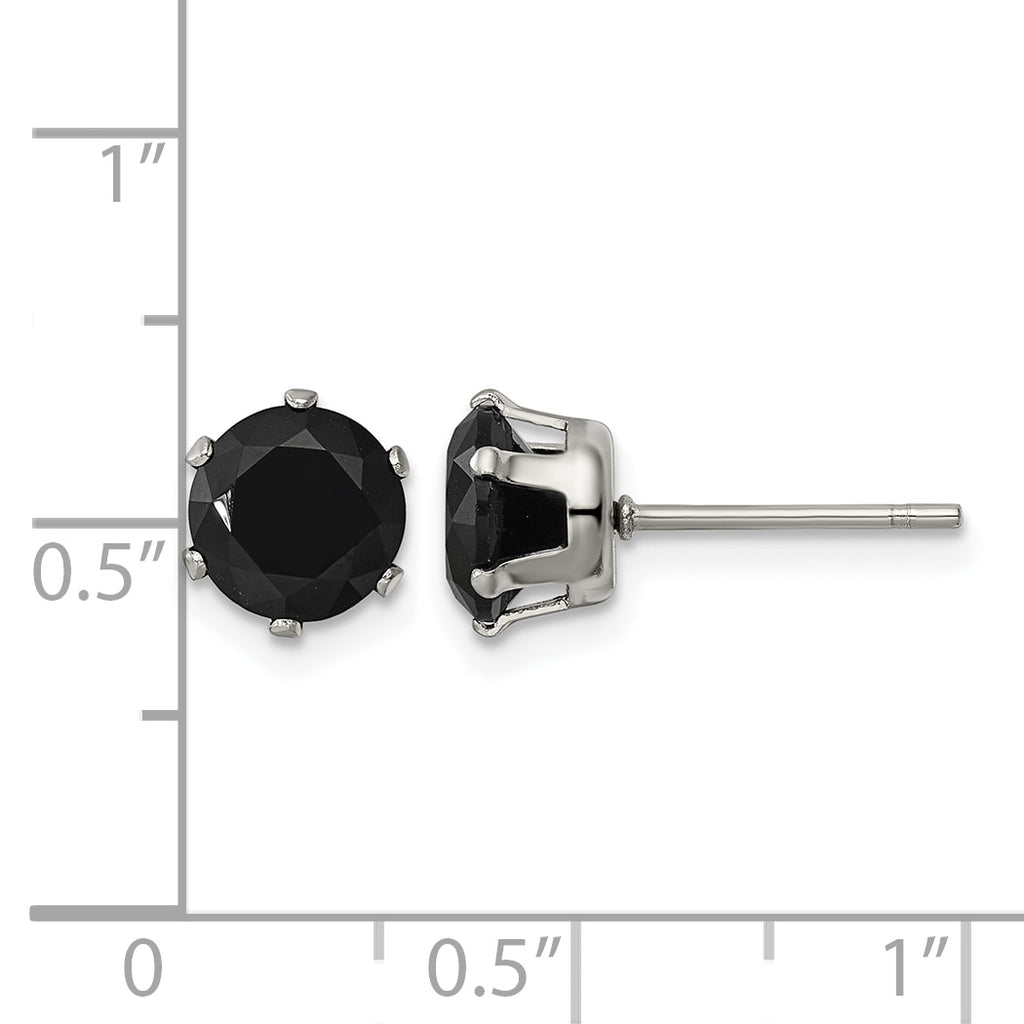 Stainless Steel Polished Round Black Cubic Zirconia Stud Earrings