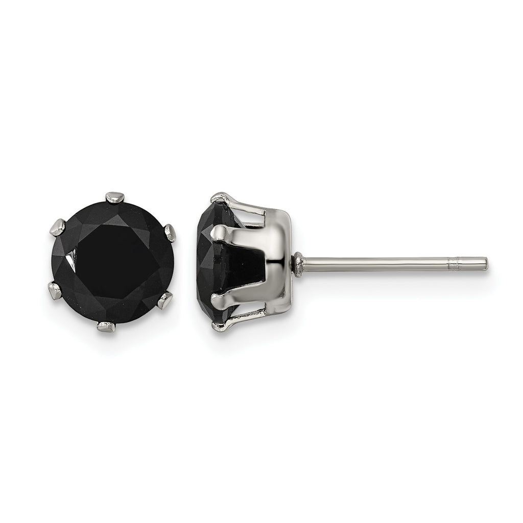 Stainless Steel Polished Round Black Cubic Zirconia Stud Earrings
