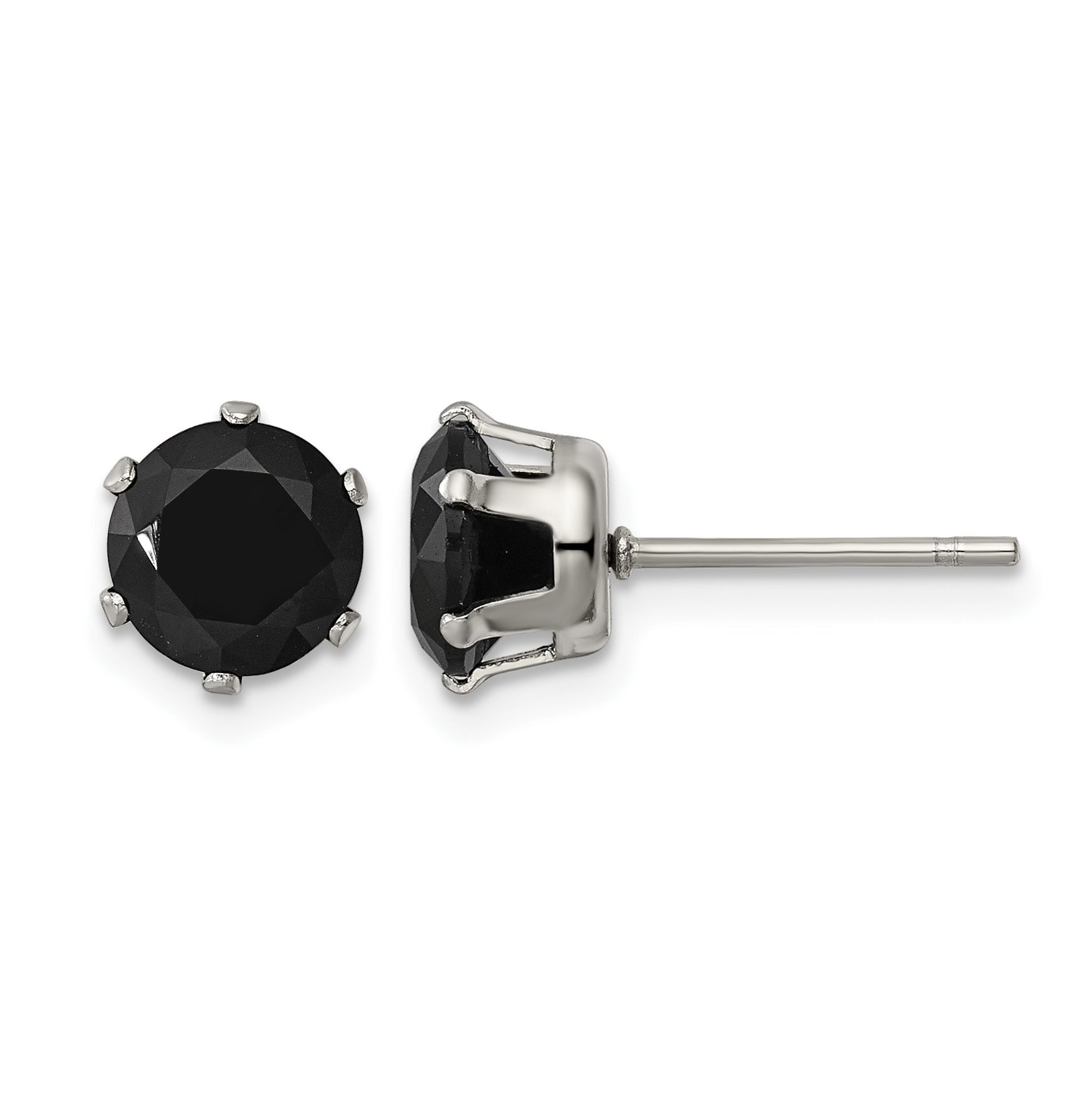 Stainless Steel Polished Round Black Cubic Zirconia Stud Earrings