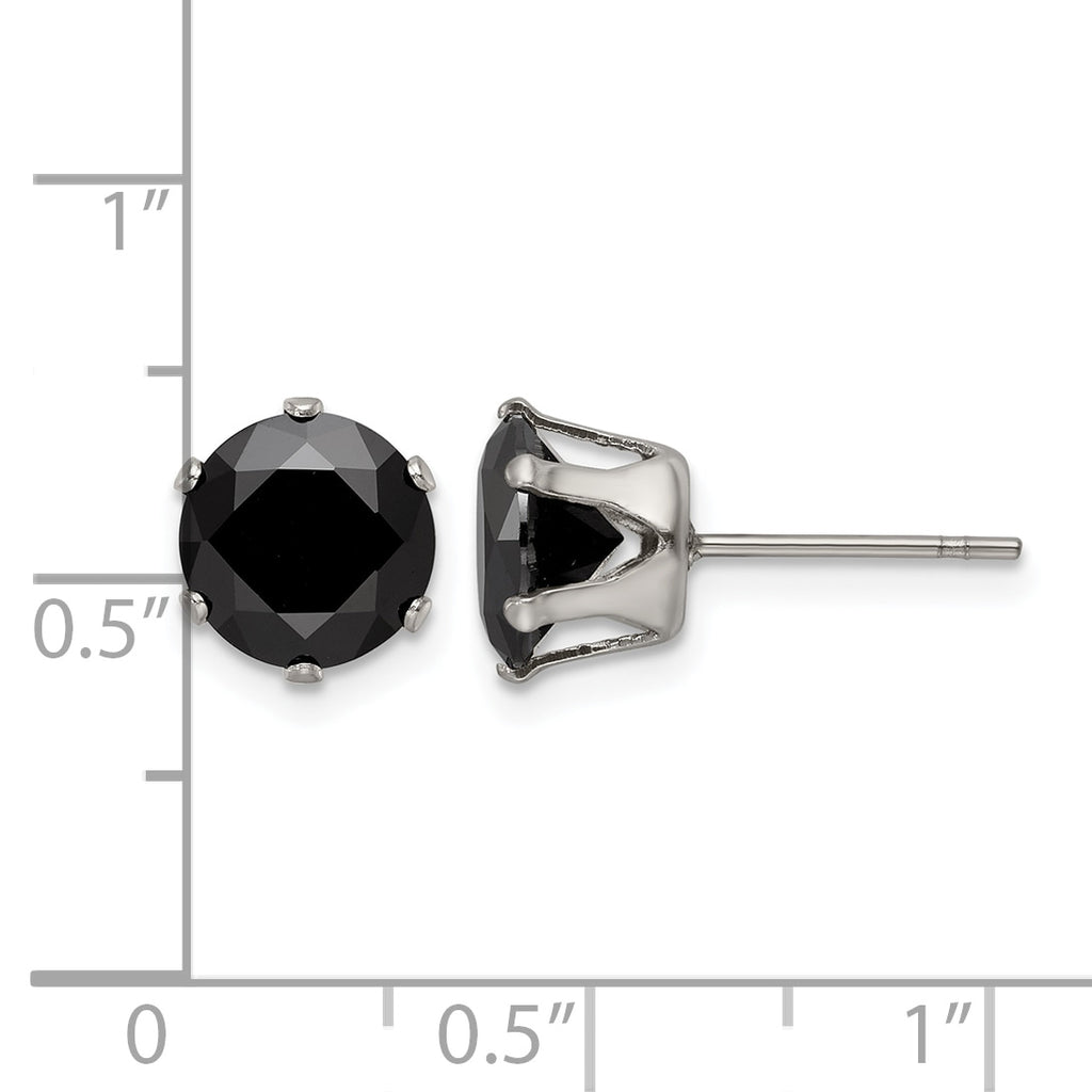 Stainless Steel Polished Round Black Cubic Zirconia Stud Earrings