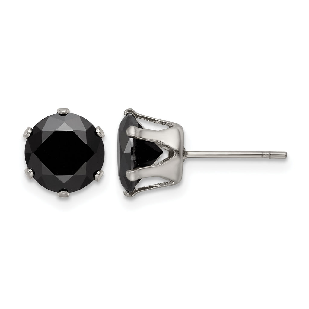 Stainless Steel Polished Round Black Cubic Zirconia Stud Earrings