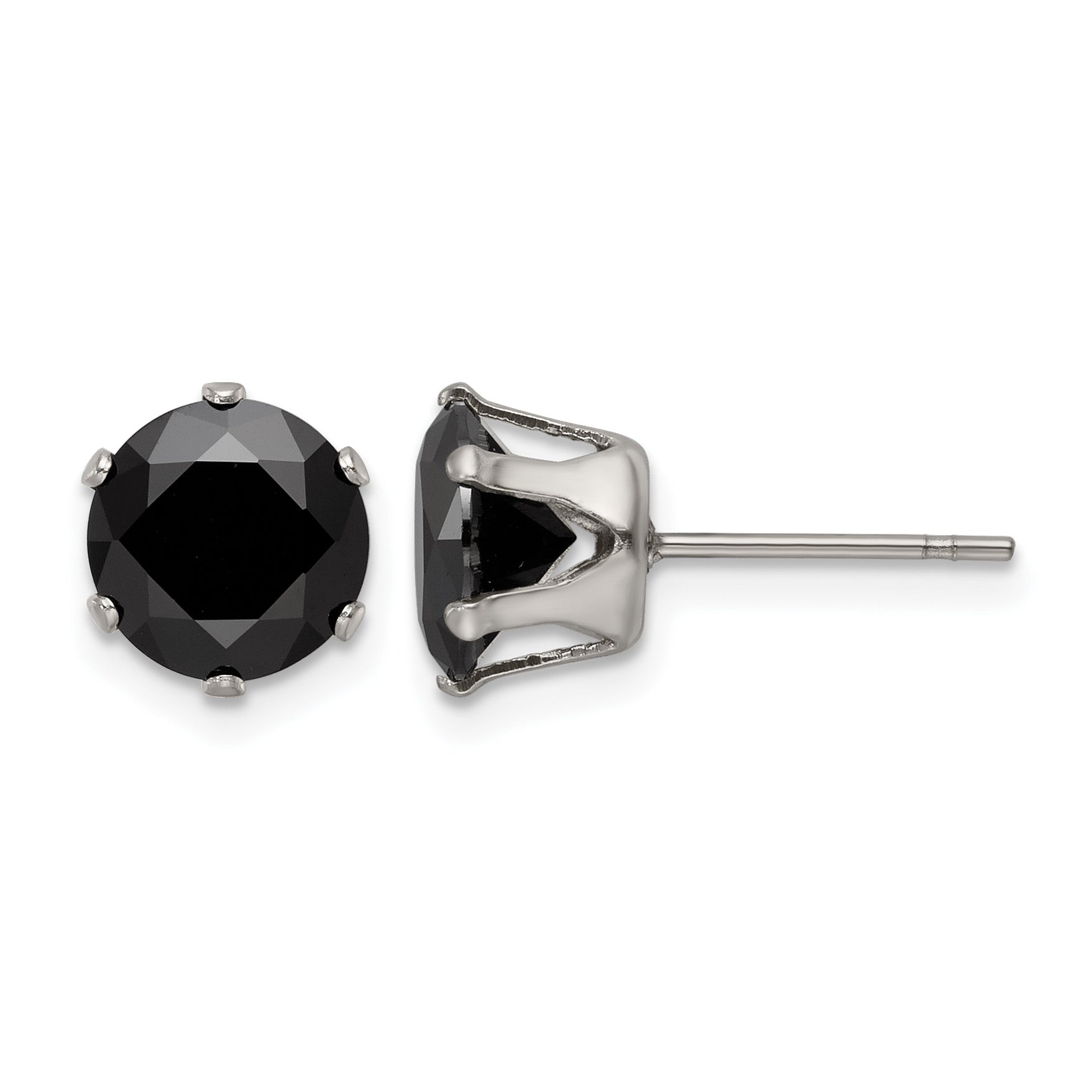 Stainless Steel Polished Round Black Cubic Zirconia Stud Earrings