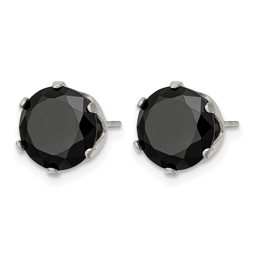 Stainless Steel Polished Round Black Cubic Zirconia Stud Earrings