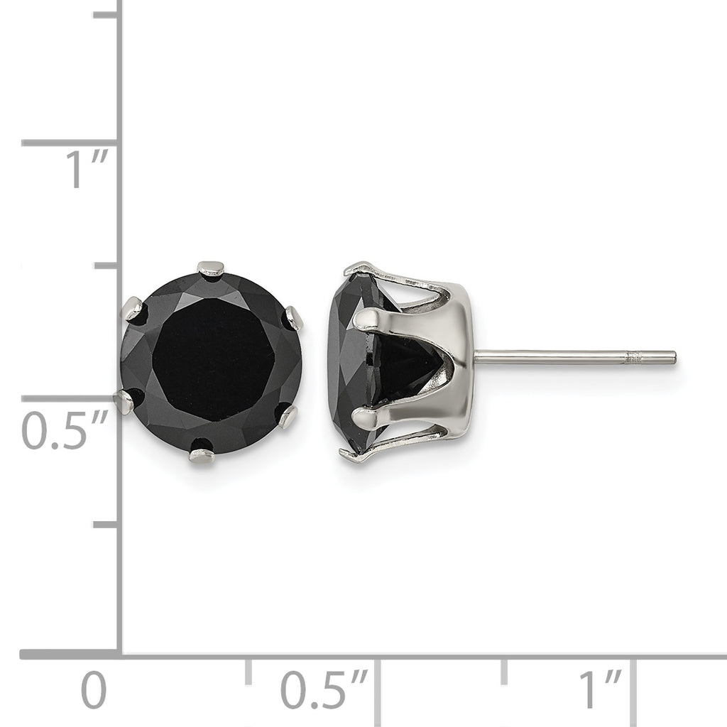 Stainless Steel Polished Round Black Cubic Zirconia Stud Earrings
