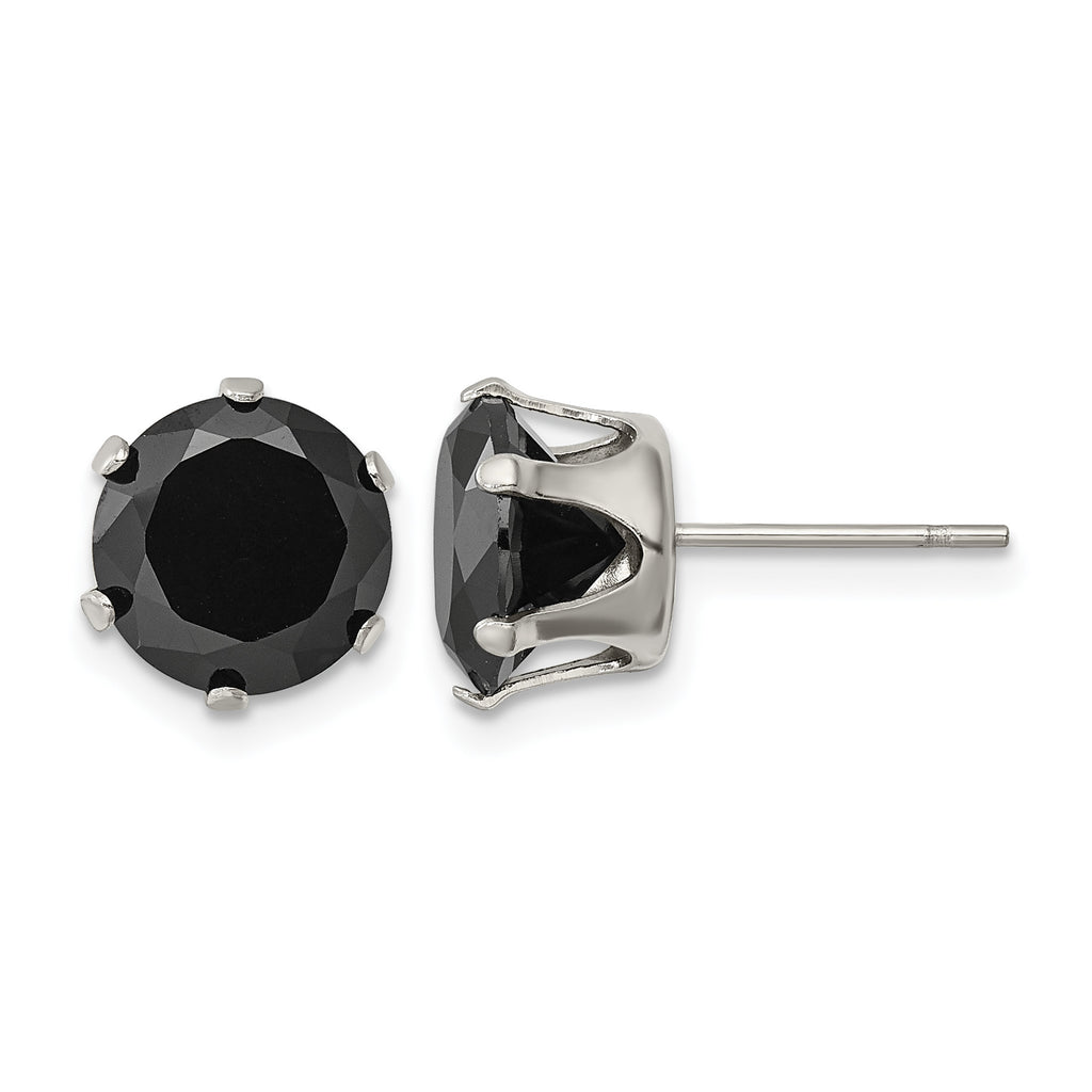 Stainless Steel Polished Round Black Cubic Zirconia Stud Earrings