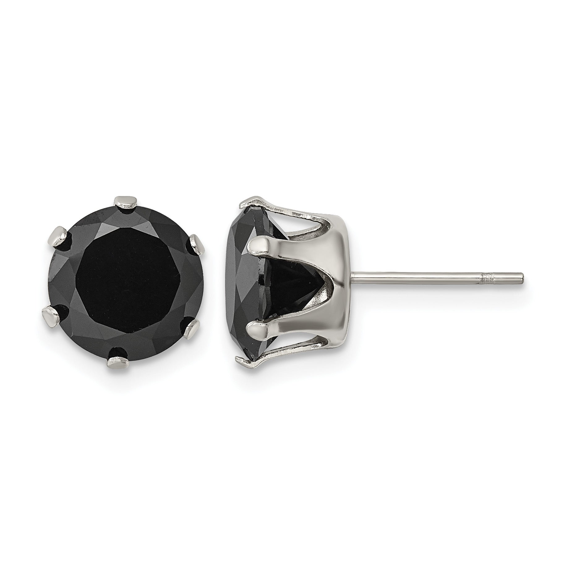 Stainless Steel Polished Round Black Cubic Zirconia Stud Earrings
