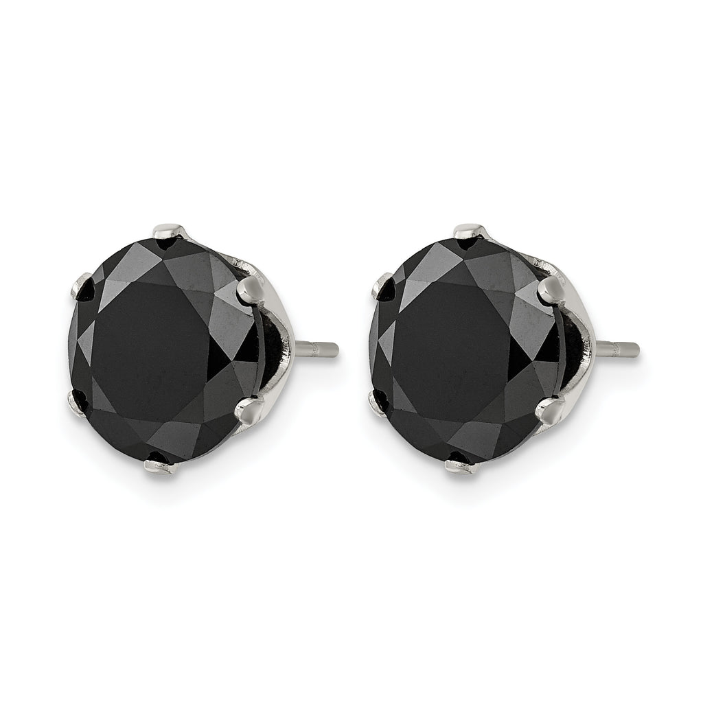 Stainless Steel Polished Round Black Cubic Zirconia Stud Earrings