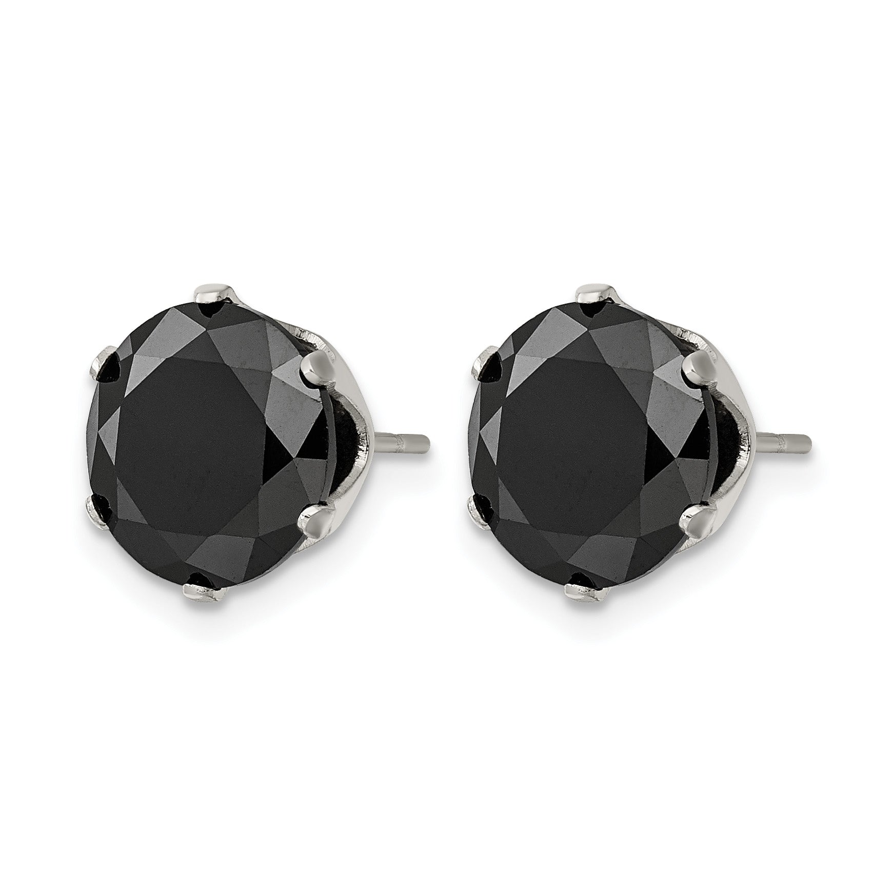 Stainless Steel Polished Round Black Cubic Zirconia Stud Earrings