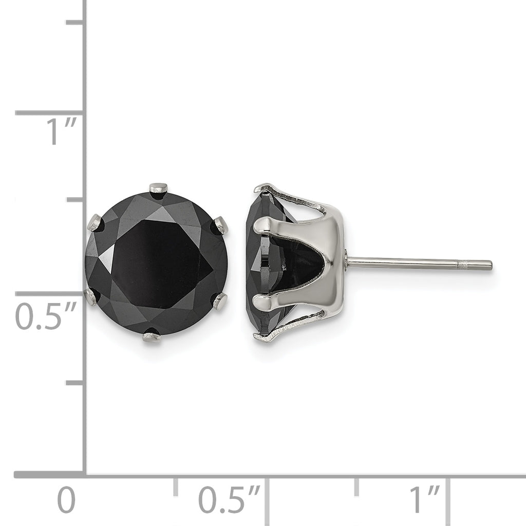 Stainless Steel Polished Round Black Cubic Zirconia Stud Earrings
