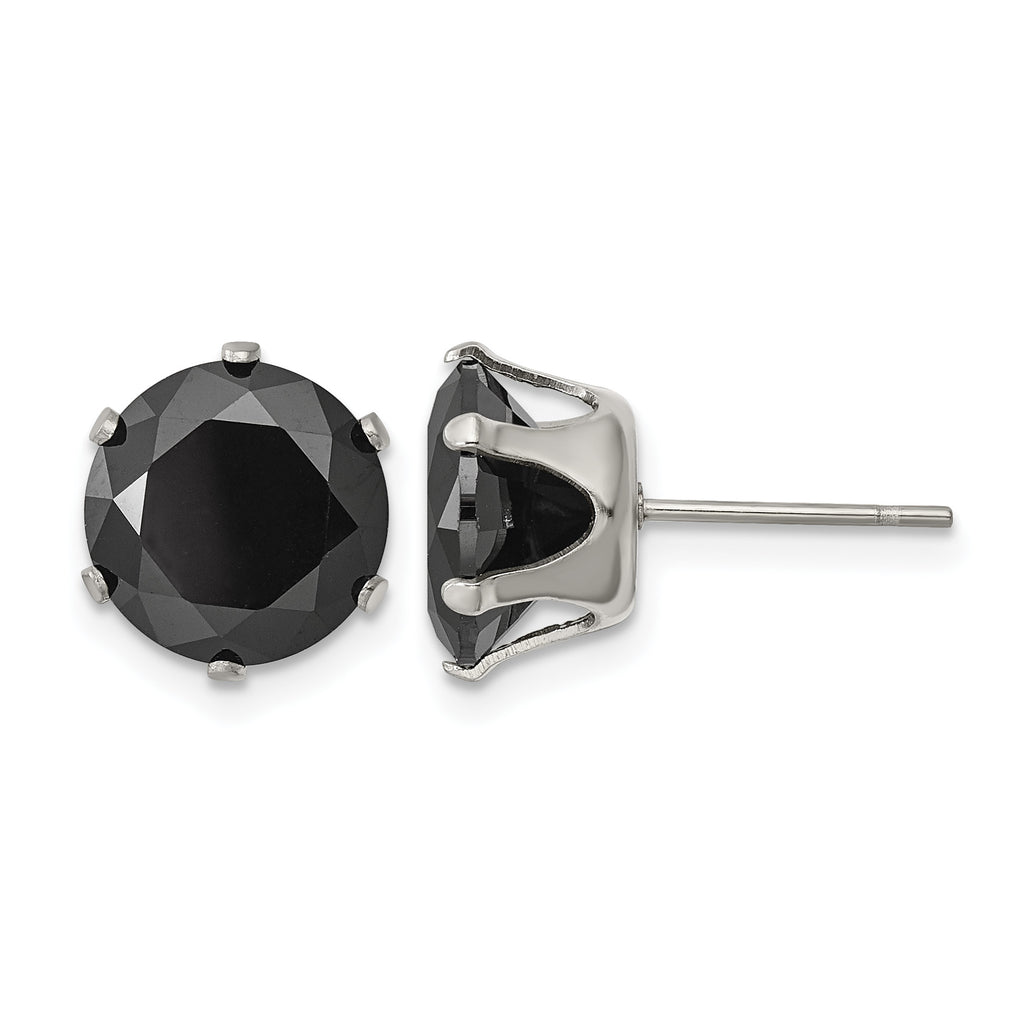 Stainless Steel Polished Round Black Cubic Zirconia Stud Earrings