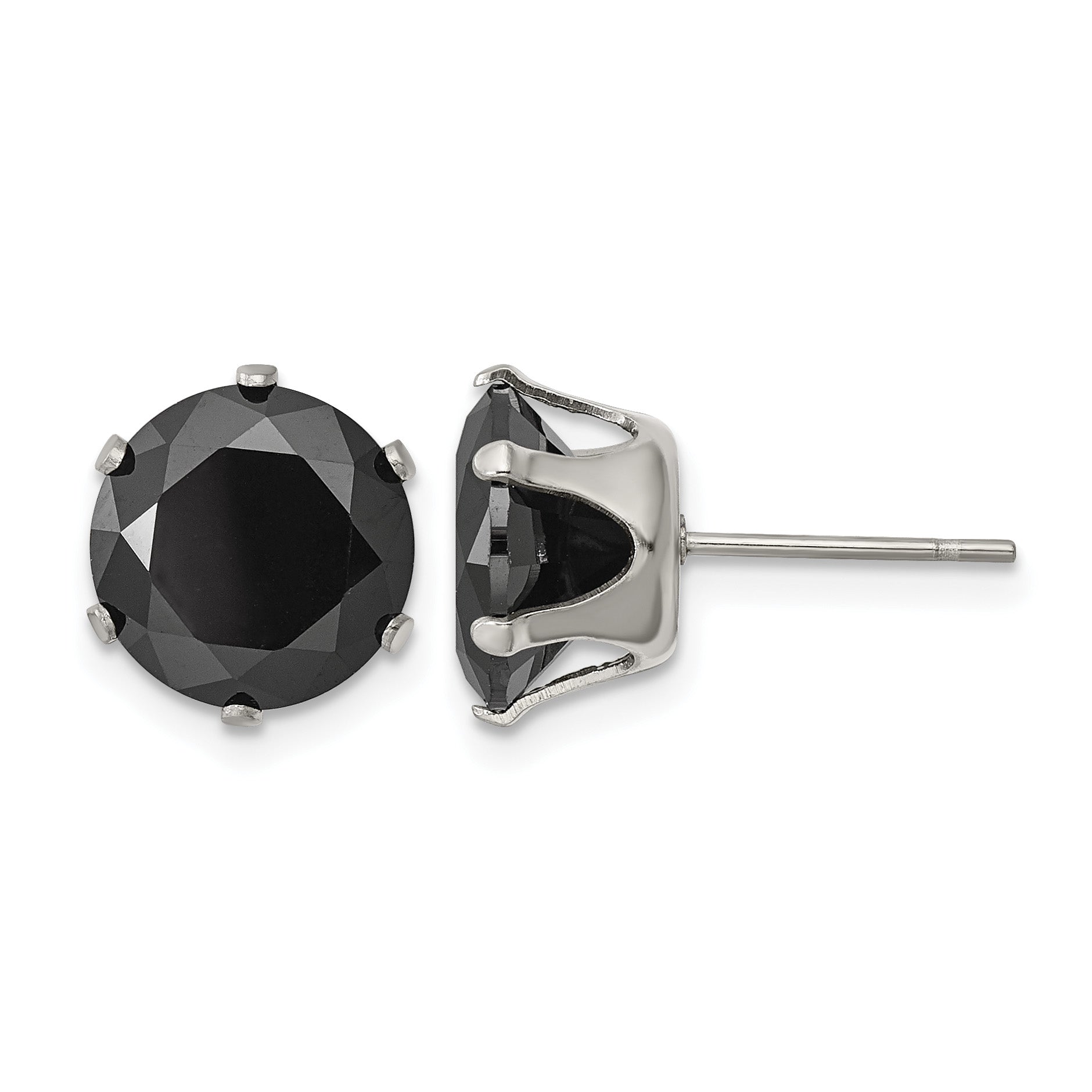 Stainless Steel Polished Round Black Cubic Zirconia Stud Earrings