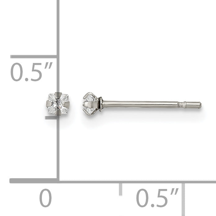 Stainless Steel Polished Square Cubic Zirconia Stud Earrings for Women