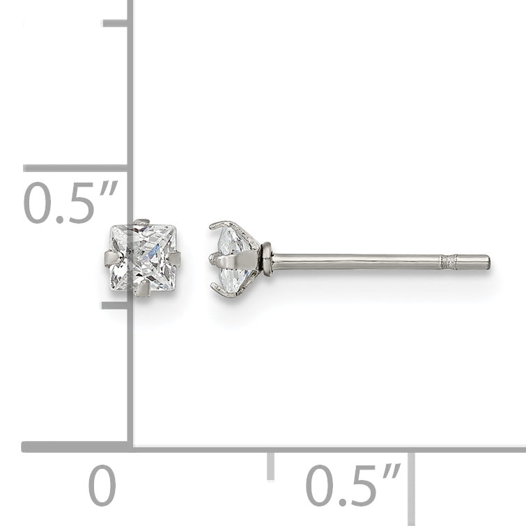 Stainless Steel Polished Square Cubic Zirconia Stud Earrings for Women