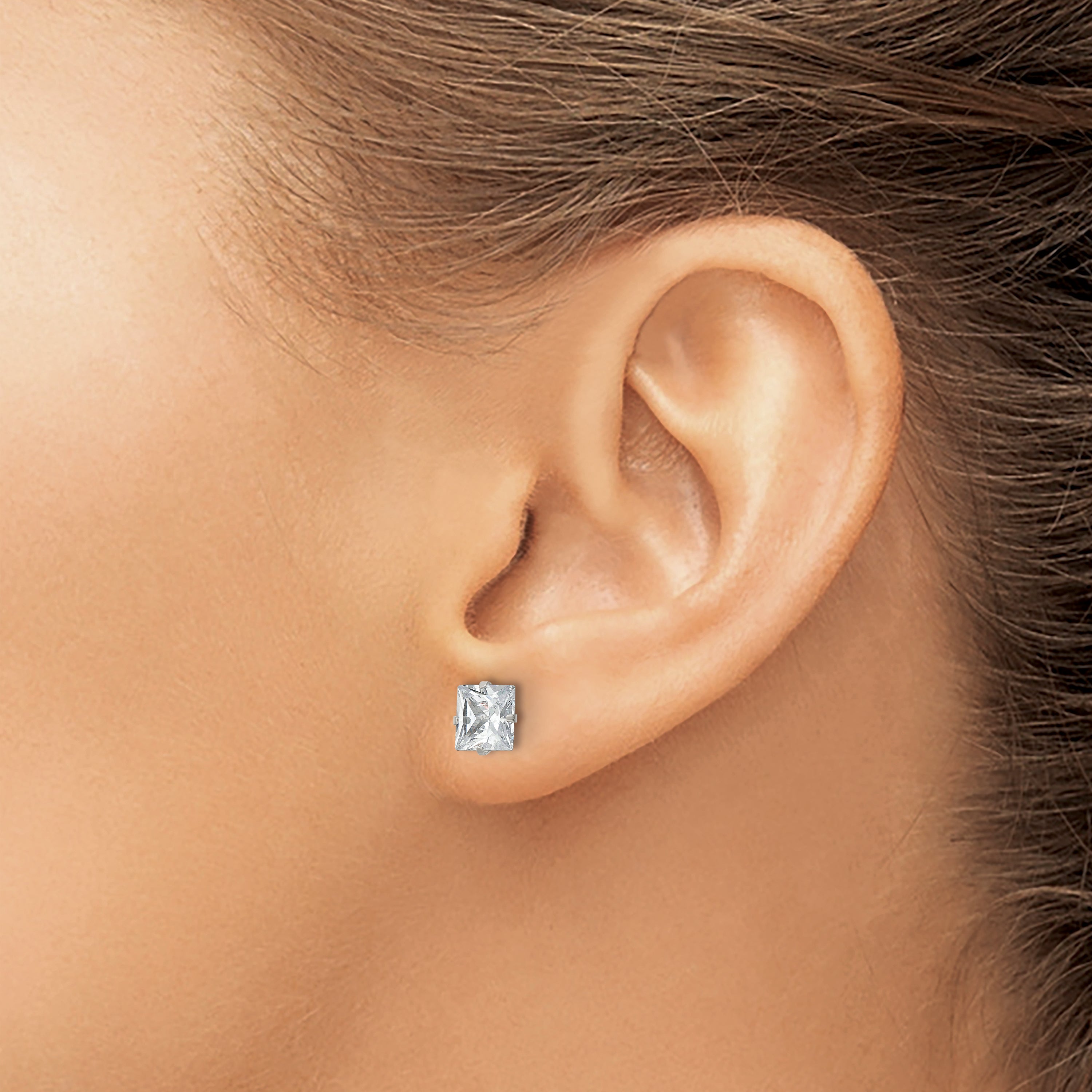 Stainless Steel 6mm Square Cubic Zirconia Stud Earrings, Polished Finish