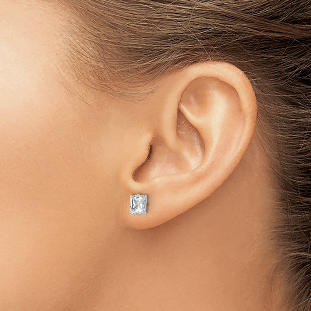 Stainless Steel 6mm Square Cubic Zirconia Stud Earrings, Polished Finish