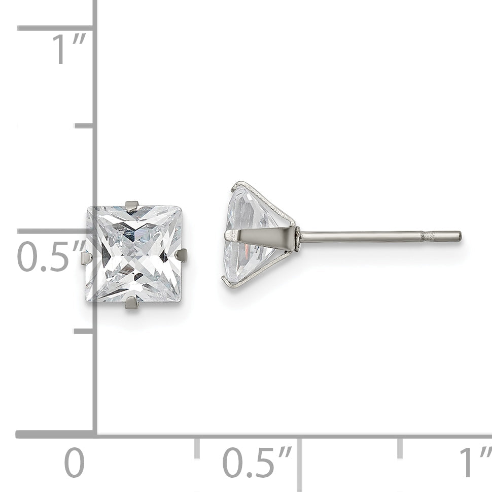 Stainless Steel 6mm Square Cubic Zirconia Stud Earrings, Polished Finish