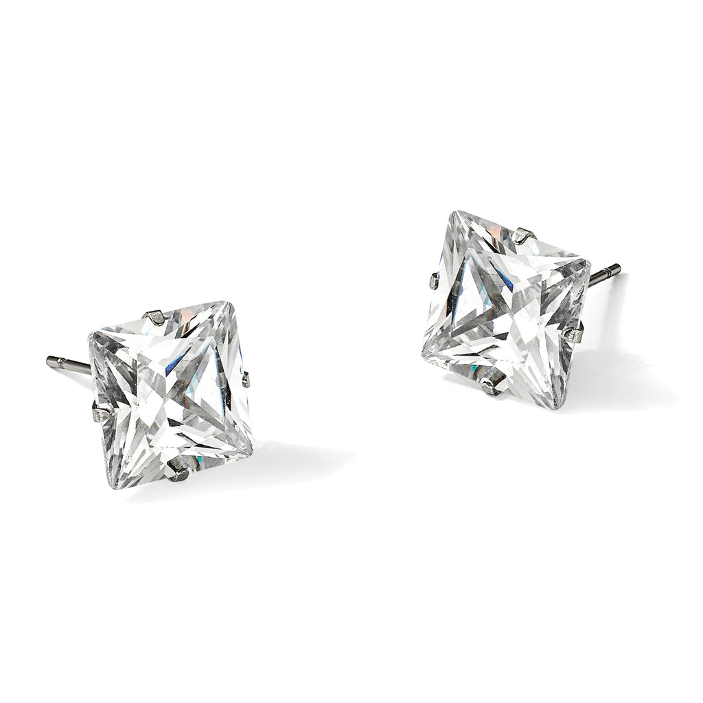 Stainless Steel Polished Square Cubic Zirconia Stud Earrings