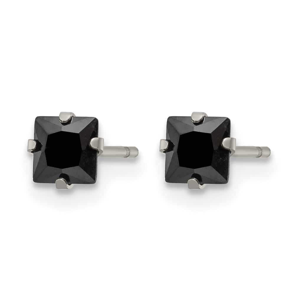 Stainless Steel Polished Square Black Cubic Zirconia Stud Earrings