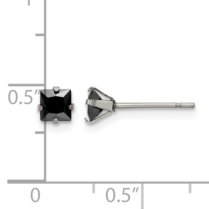 Stainless Steel Polished Square Black Cubic Zirconia Stud Earrings
