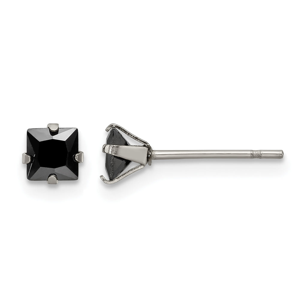 Stainless Steel Polished Square Black Cubic Zirconia Stud Earrings
