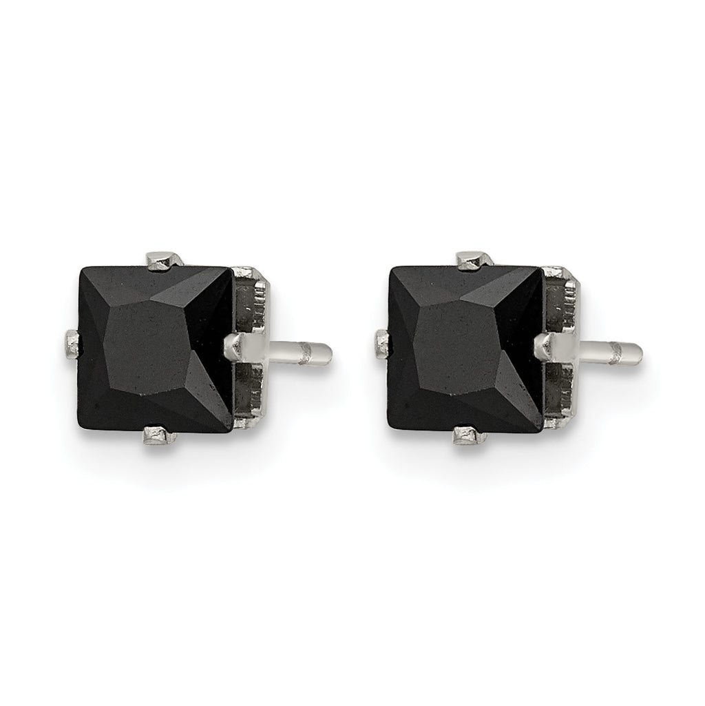 Stainless Steel Polished Square Black Cubic Zirconia Stud Earrings