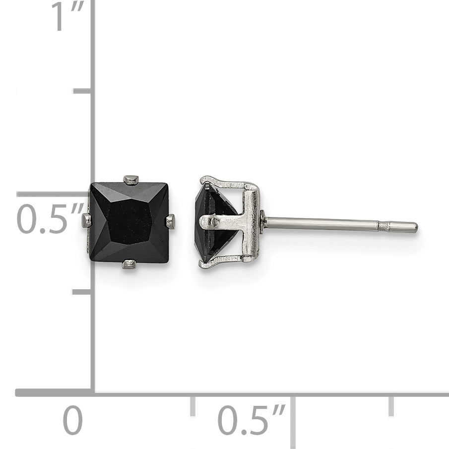 Stainless Steel Polished Square Black Cubic Zirconia Stud Earrings